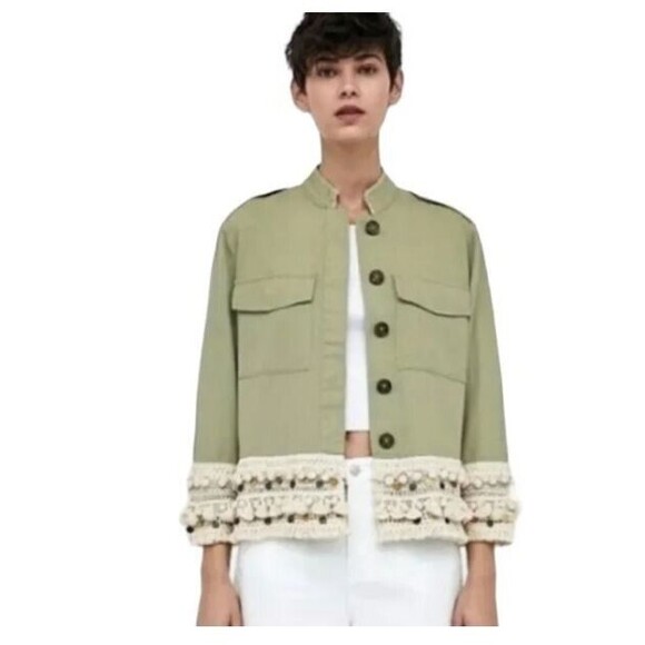 Zara Utility Jacket Tassel Pom Crochet Fringe Boho Coins Green Womens Size M - Picture 1 of 10